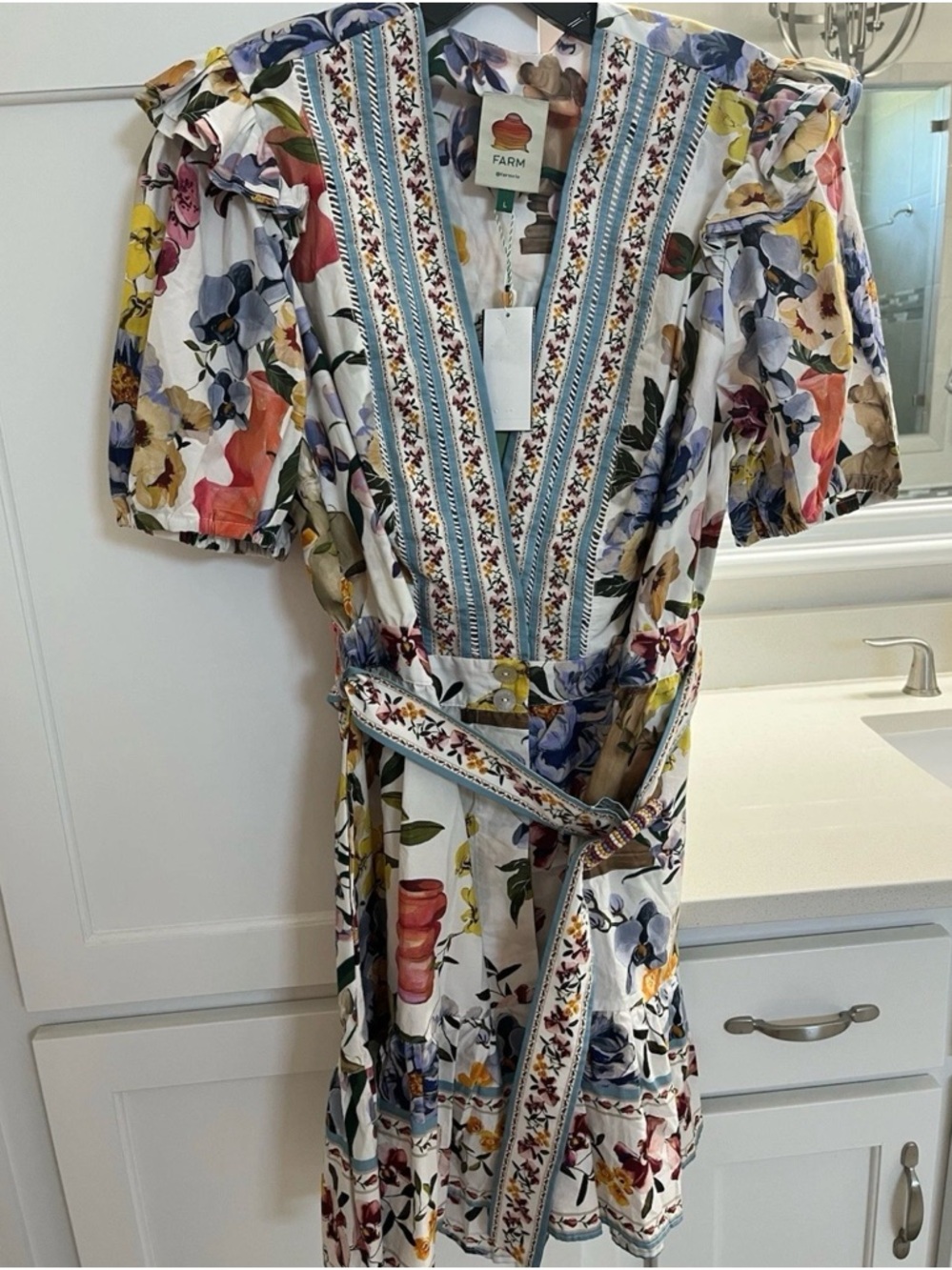 FARM RIO GREEK GARDEN OFF WHITE FLORAL BELTED MINI DRESS new with tag $230 - Picture 5 of 10